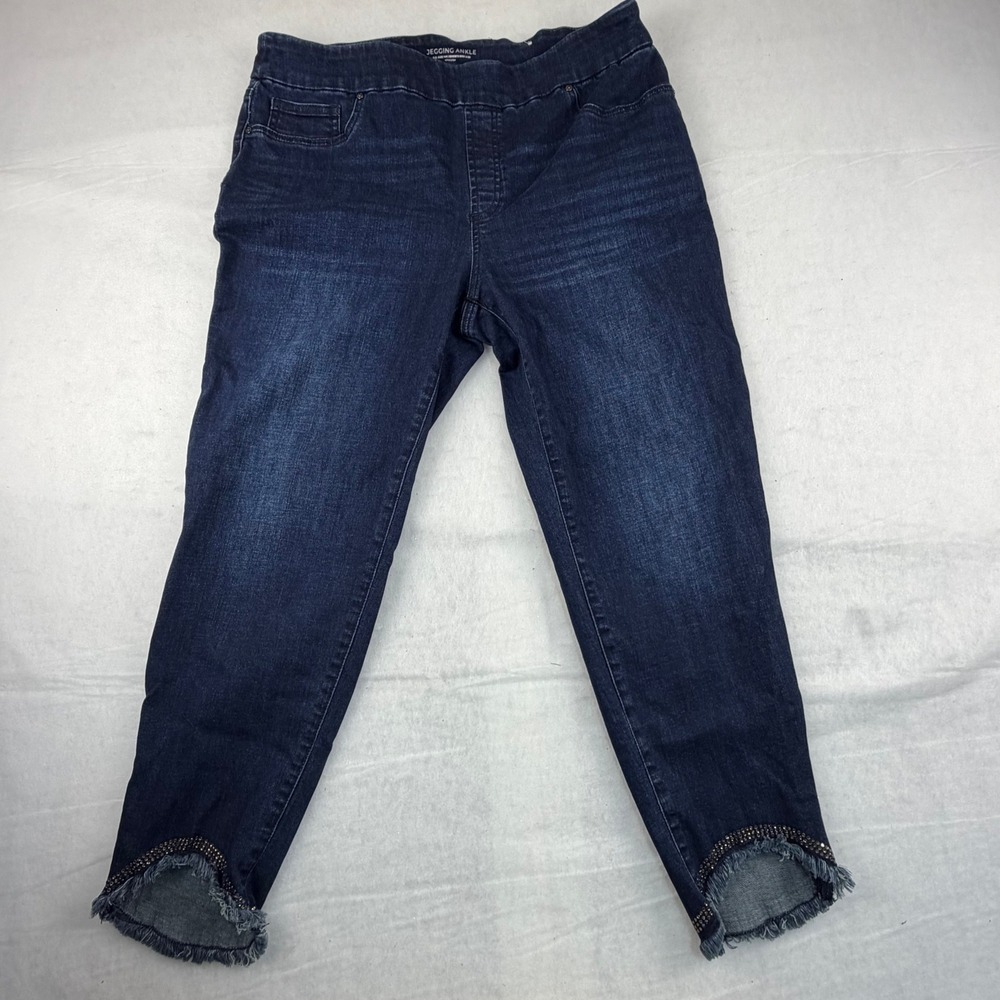 Chicos Jegging Ankle Jeans Dark Wash Rhinestone Frayed Hem Blue Womens 14R 2.5R‎